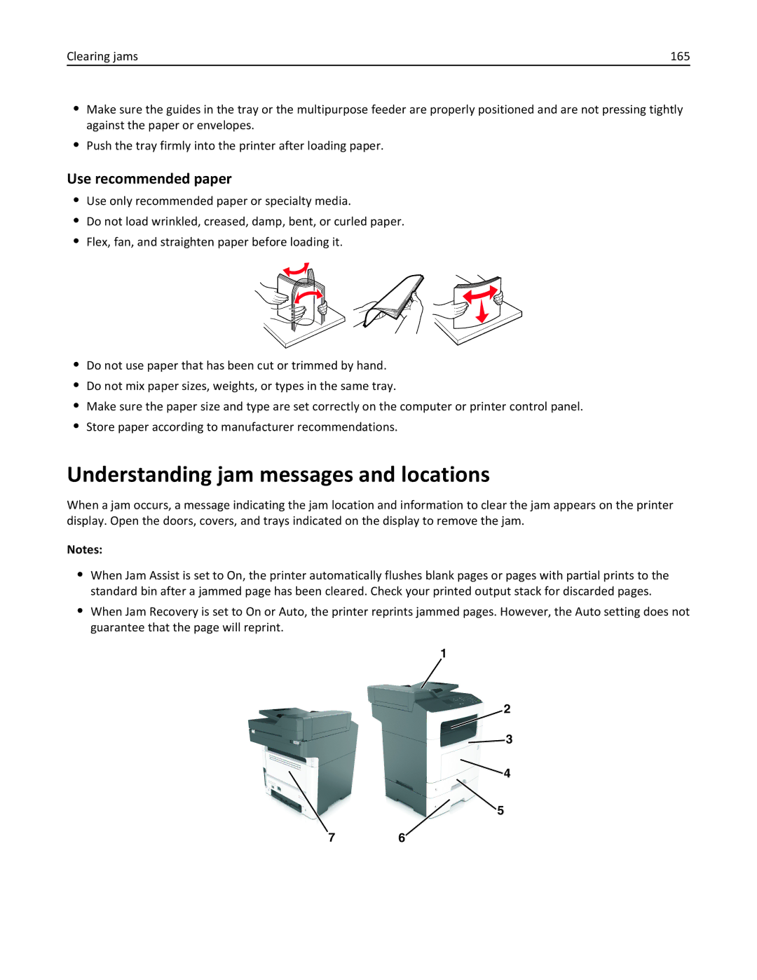 Lexmark 279 manual Understanding jam messages and locations, Use recommended paper 