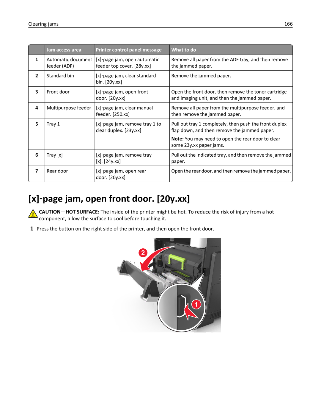 Lexmark 279 ‑page jam, open front door y.xx, Clearing jams 166, Jam access area Printer control panel message What to do 