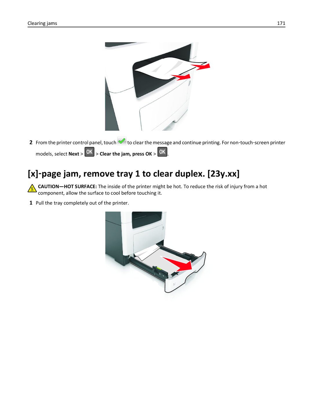 Lexmark 279 manual ‑page jam, remove tray 1 to clear duplex y.xx, Pull the tray completely out of the printer 