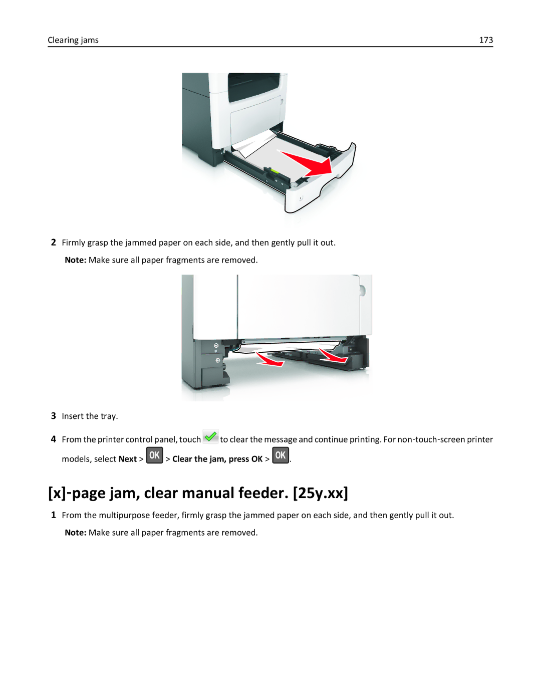 Lexmark 279 ‑page jam, clear manual feeder y.xx 