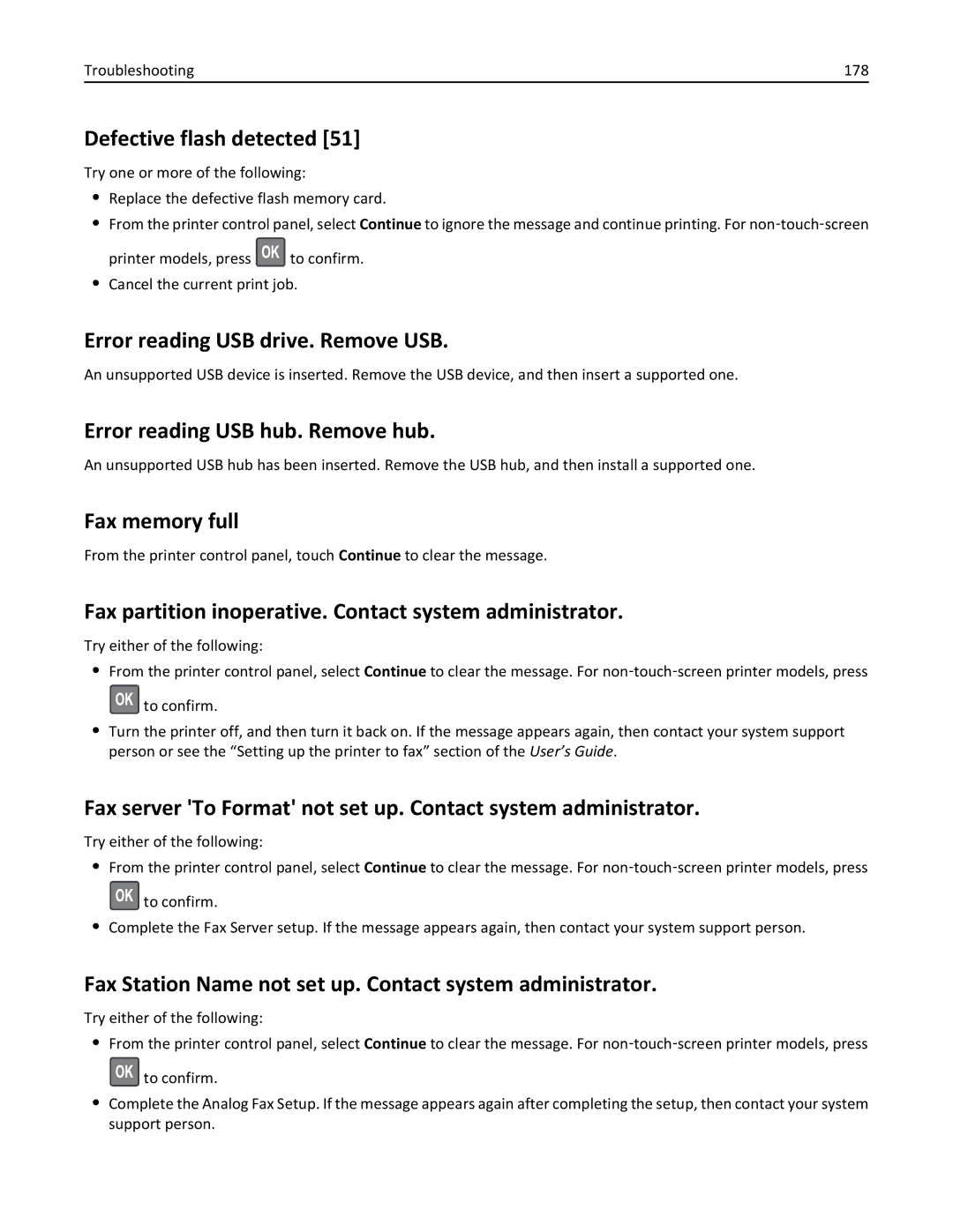 Lexmark 279 manual Defective flash detected, Error reading USB drive. Remove USB, Error reading USB hub. Remove hub 