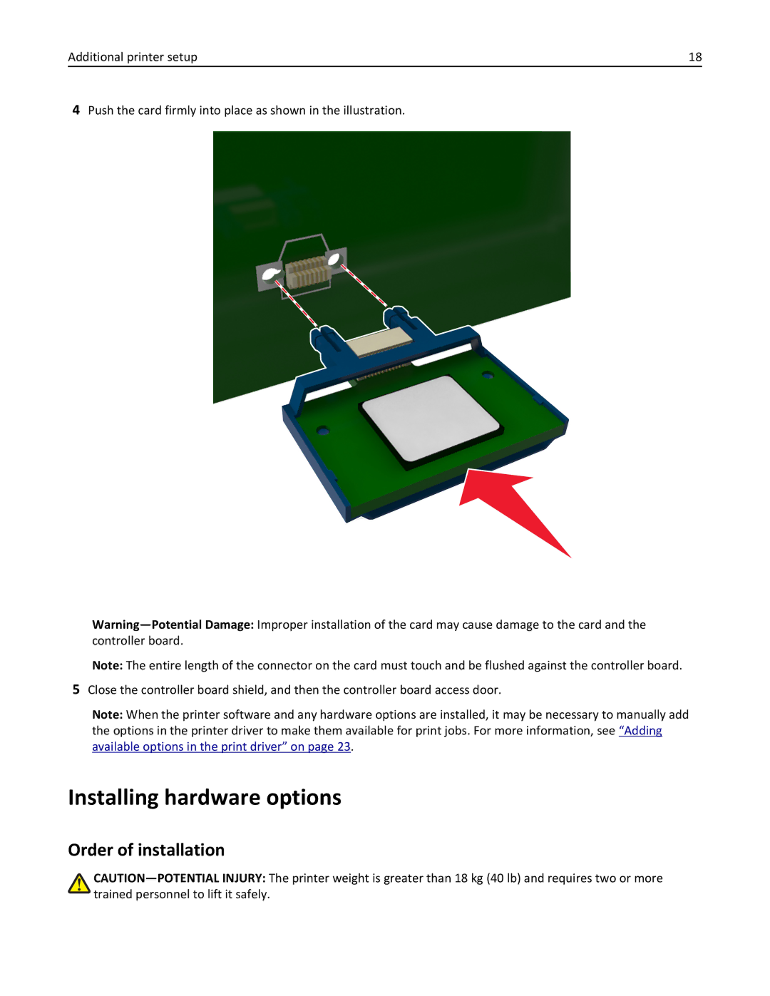 Lexmark 279 manual Installing hardware options, Order of installation 