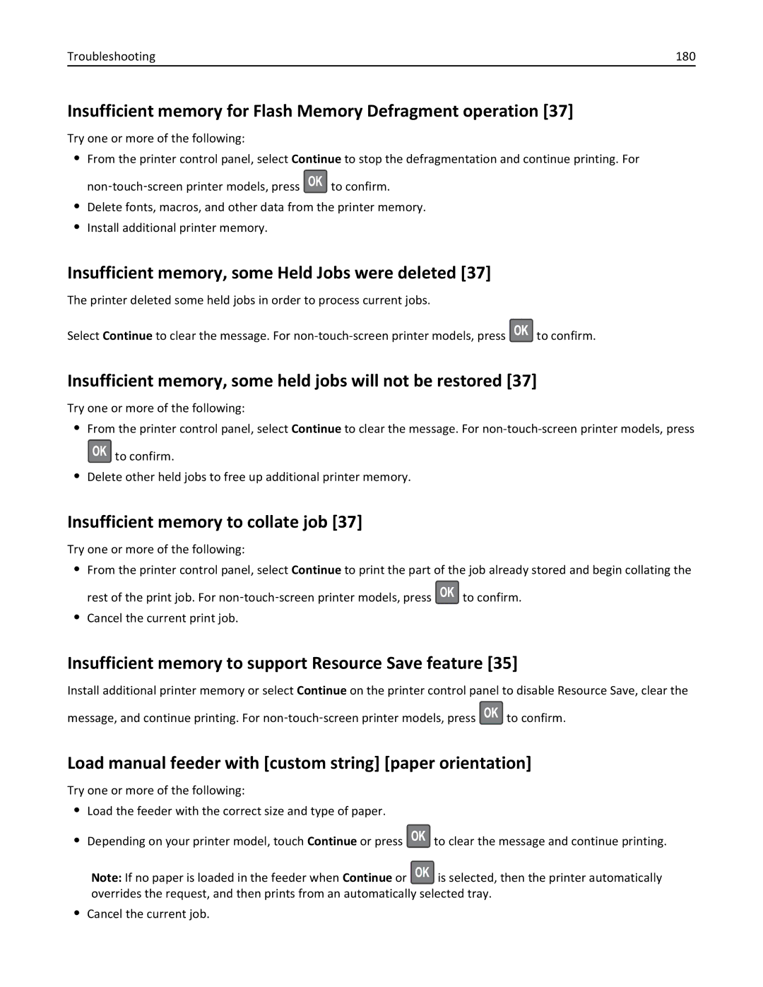 Lexmark 279 Insufficient memory for Flash Memory Defragment operation, Insufficient memory, some Held Jobs were deleted 