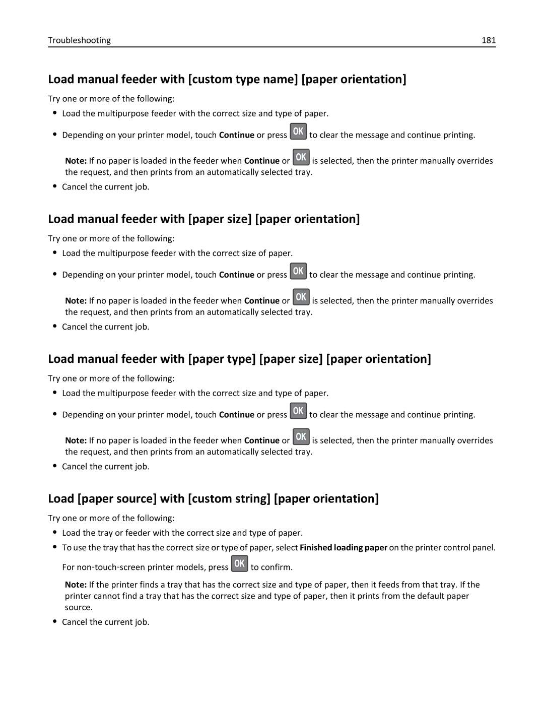 Lexmark 279 Load manual feeder with custom type name paper orientation, Troubleshooting 181 