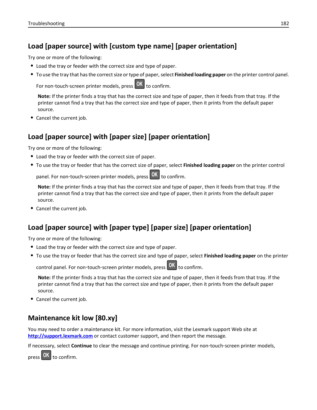 Lexmark 279 Load paper source with custom type name paper orientation, Load paper source with paper size paper orientation 