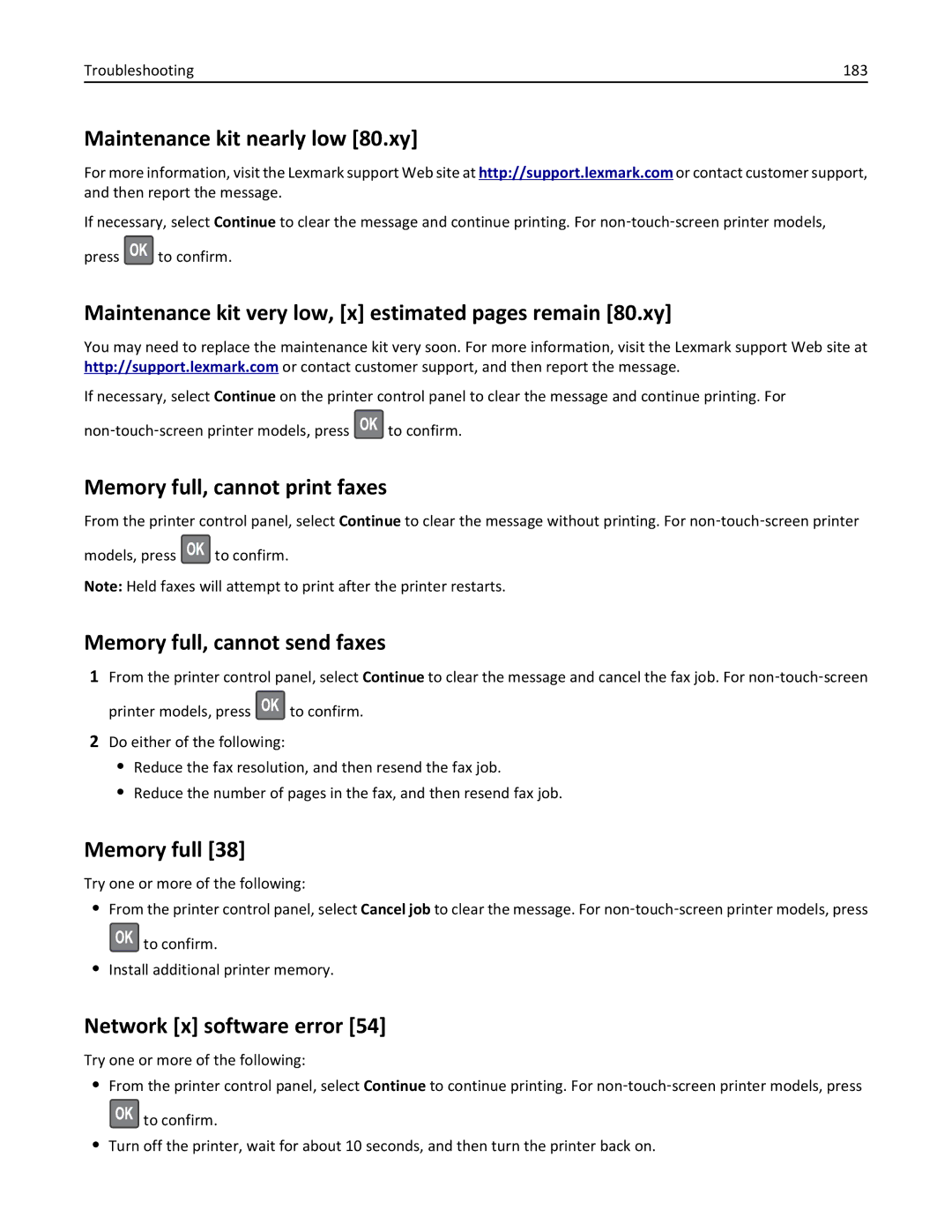 Lexmark 279 manual Maintenance kit nearly low 80.xy, Maintenance kit very low, x estimated pages remain 80.xy, Memory full 