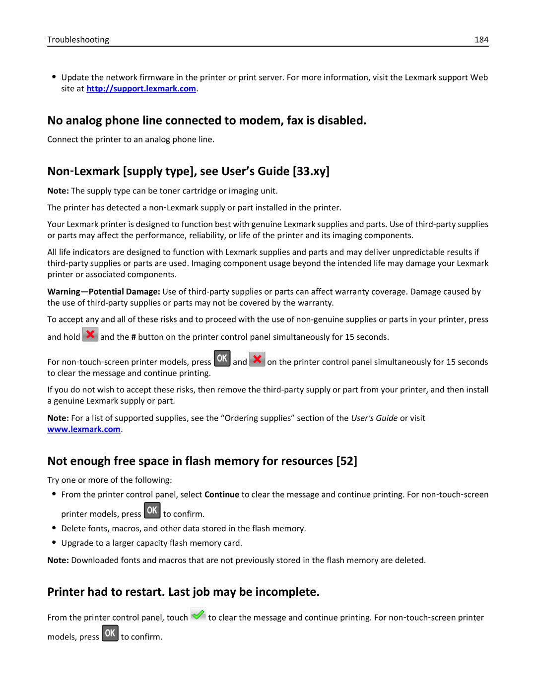 Lexmark 279 No analog phone line connected to modem, fax is disabled, Non‑Lexmark supply type, see User’s Guide 33.xy 