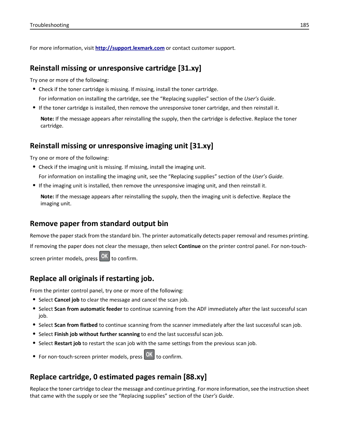 Lexmark 279 manual Reinstall missing or unresponsive cartridge 31.xy, Reinstall missing or unresponsive imaging unit 31.xy 