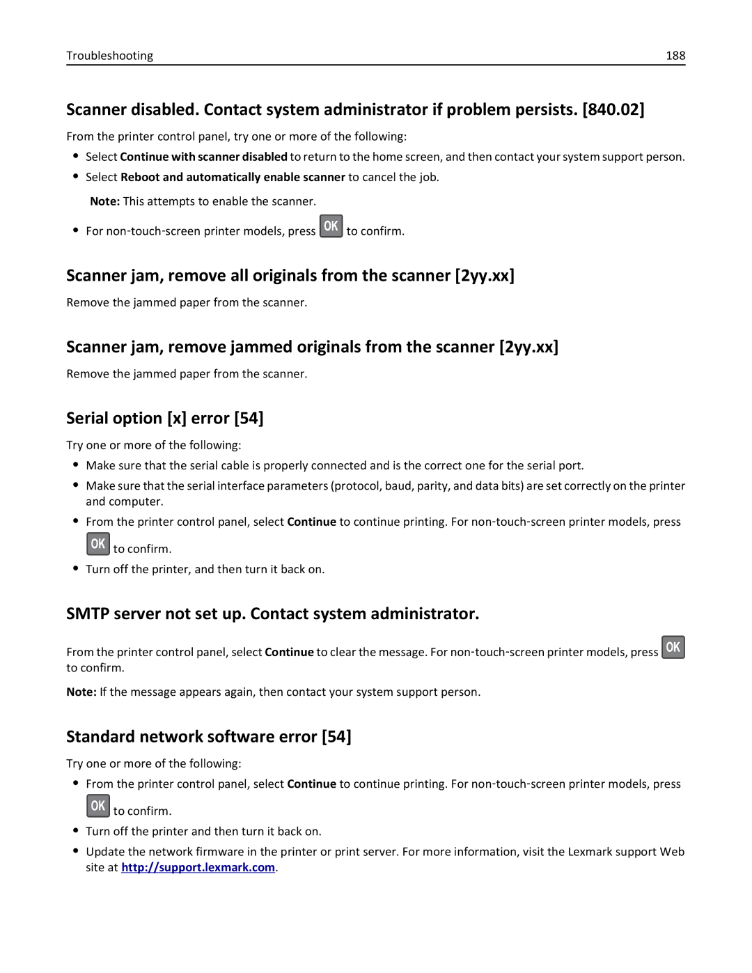 Lexmark 279 manual Scanner jam, remove all originals from the scanner 2yy.xx, Serial option x error 