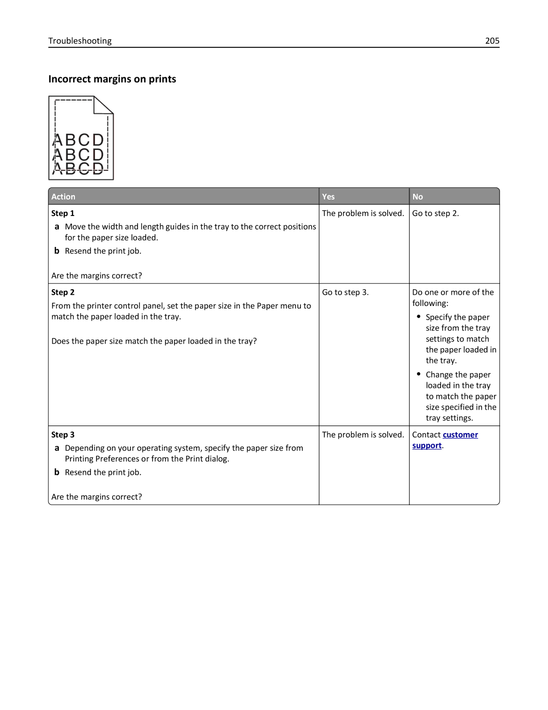 Lexmark 279 manual Incorrect margins on prints, Troubleshooting 205 