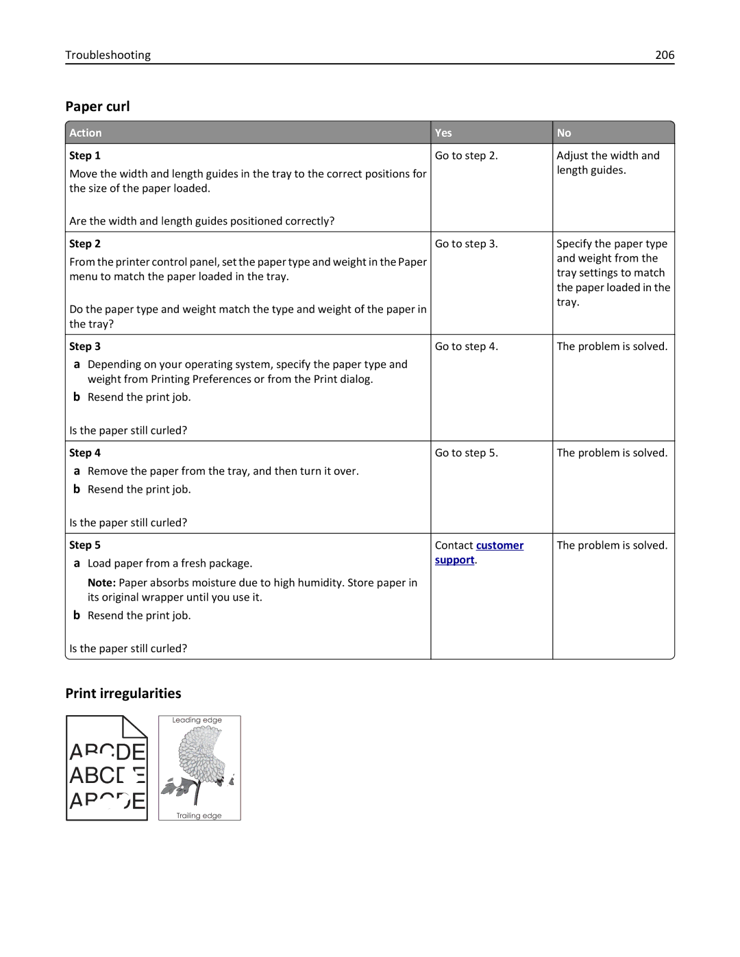 Lexmark 279 manual Paper curl, Print irregularities, Troubleshooting 206 