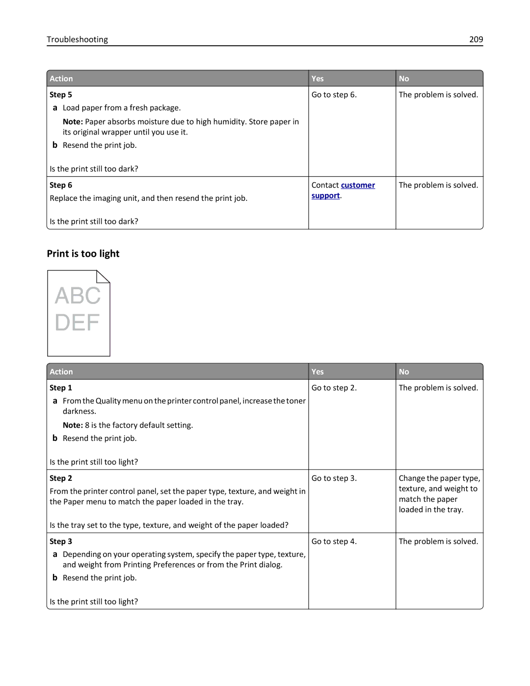 Lexmark 279 manual Print is too light, Troubleshooting 209 