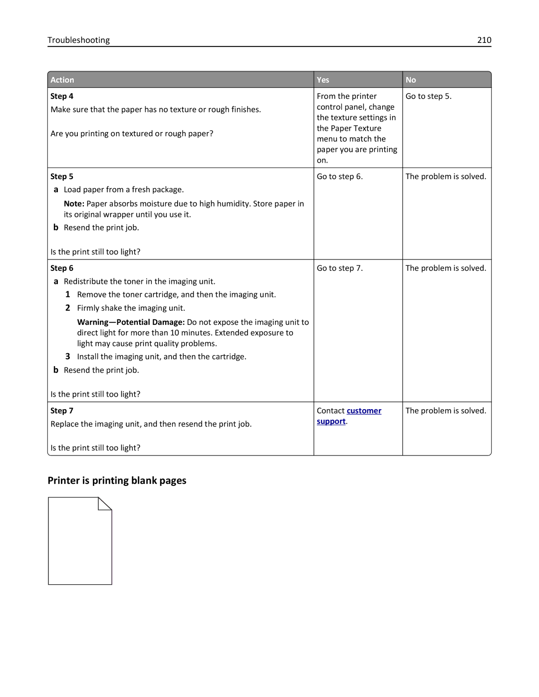 Lexmark 279 manual Printer is printing blank pages, Troubleshooting 210 