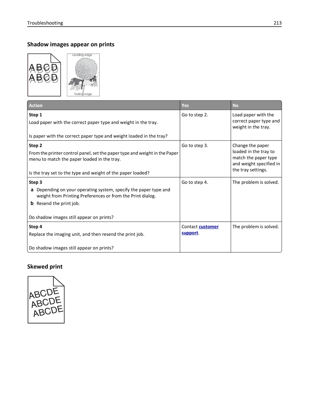 Lexmark 279 manual Shadow images appear on prints, Skewed print, Troubleshooting 213 