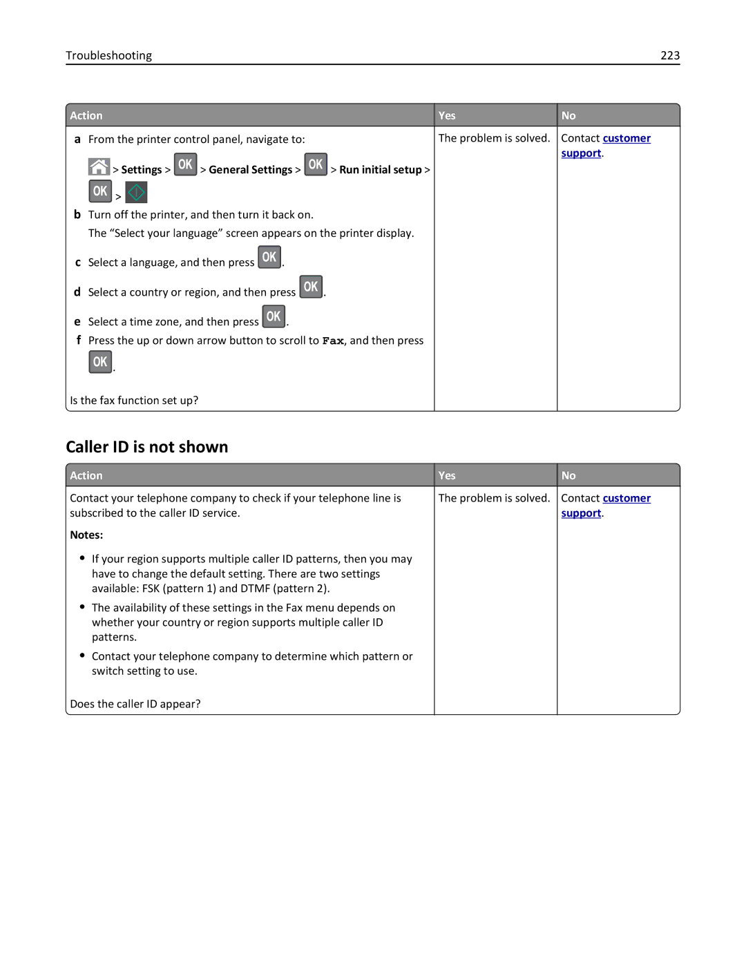 Lexmark 279 manual Caller ID is not shown, Troubleshooting 223, Settings General Settings Run initial setup 