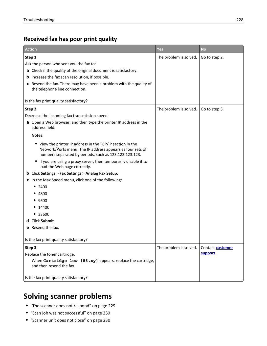 Lexmark 279 manual Solving scanner problems, Received fax has poor print quality, Troubleshooting 228 