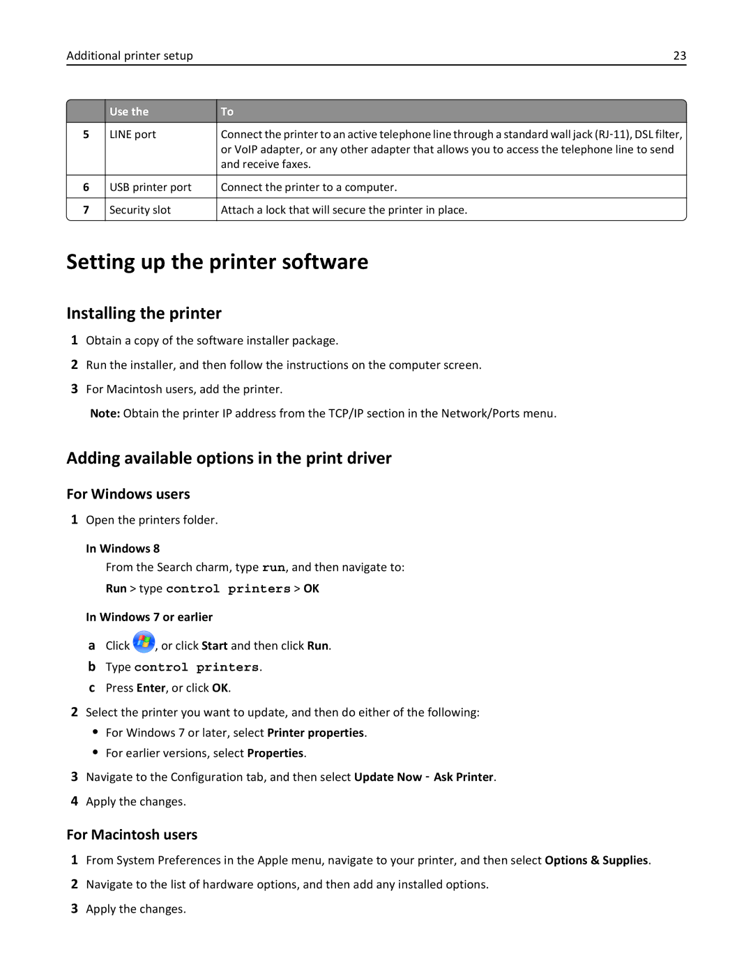 Lexmark 279 manual Setting up the printer software, Installing the printer, Adding available options in the print driver 