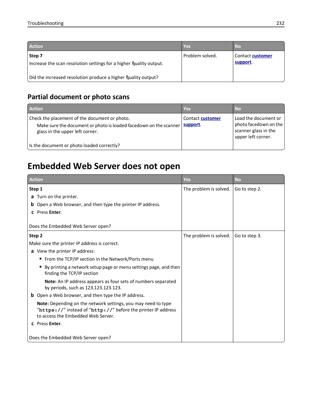 Lexmark 279 manual Embedded Web Server does not open, Partial document or photo scans, Troubleshooting 232 