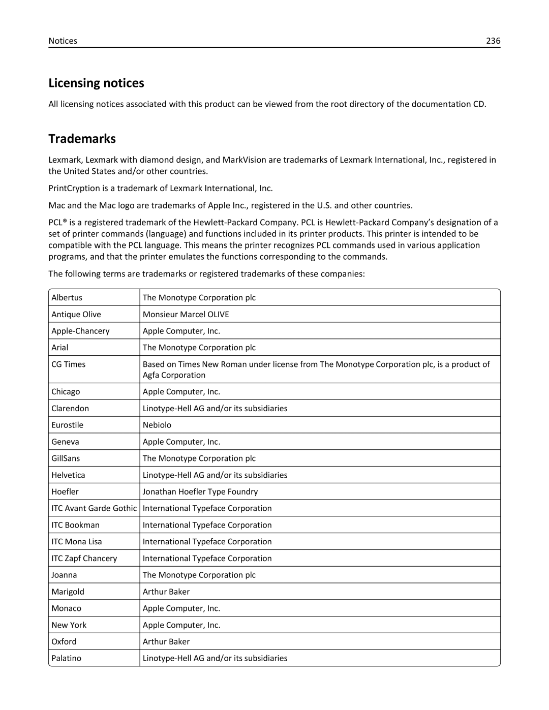 Lexmark 279 manual Licensing notices, Trademarks, 236 