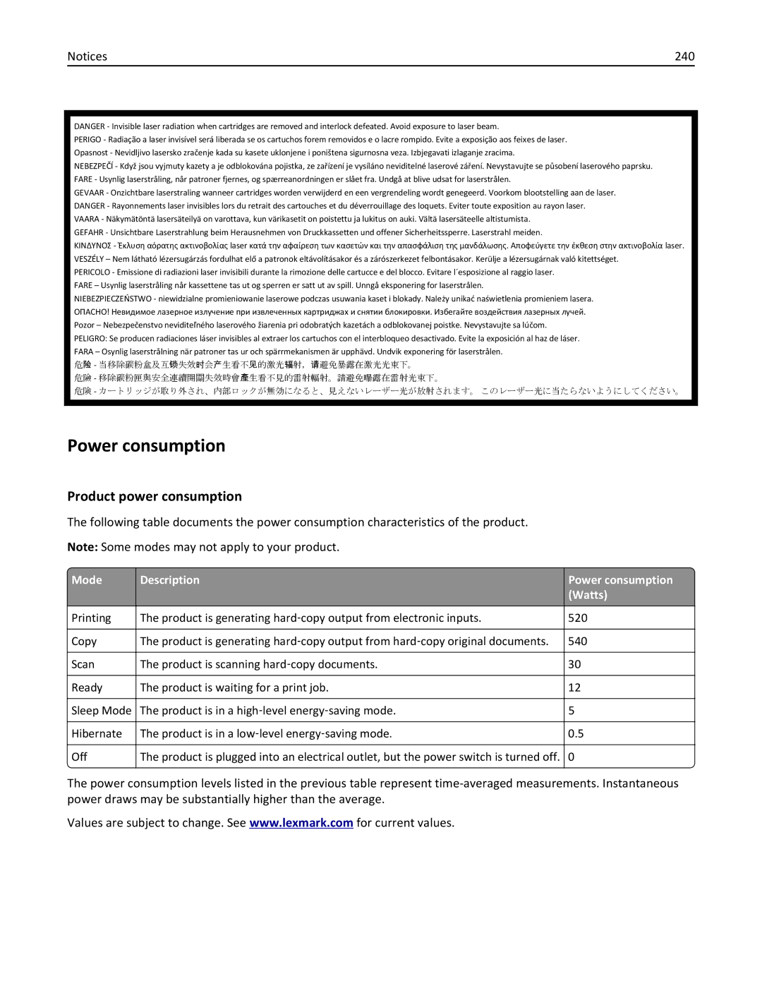 Lexmark 279 manual Product power consumption, 240, Mode Description Power consumption Watts 