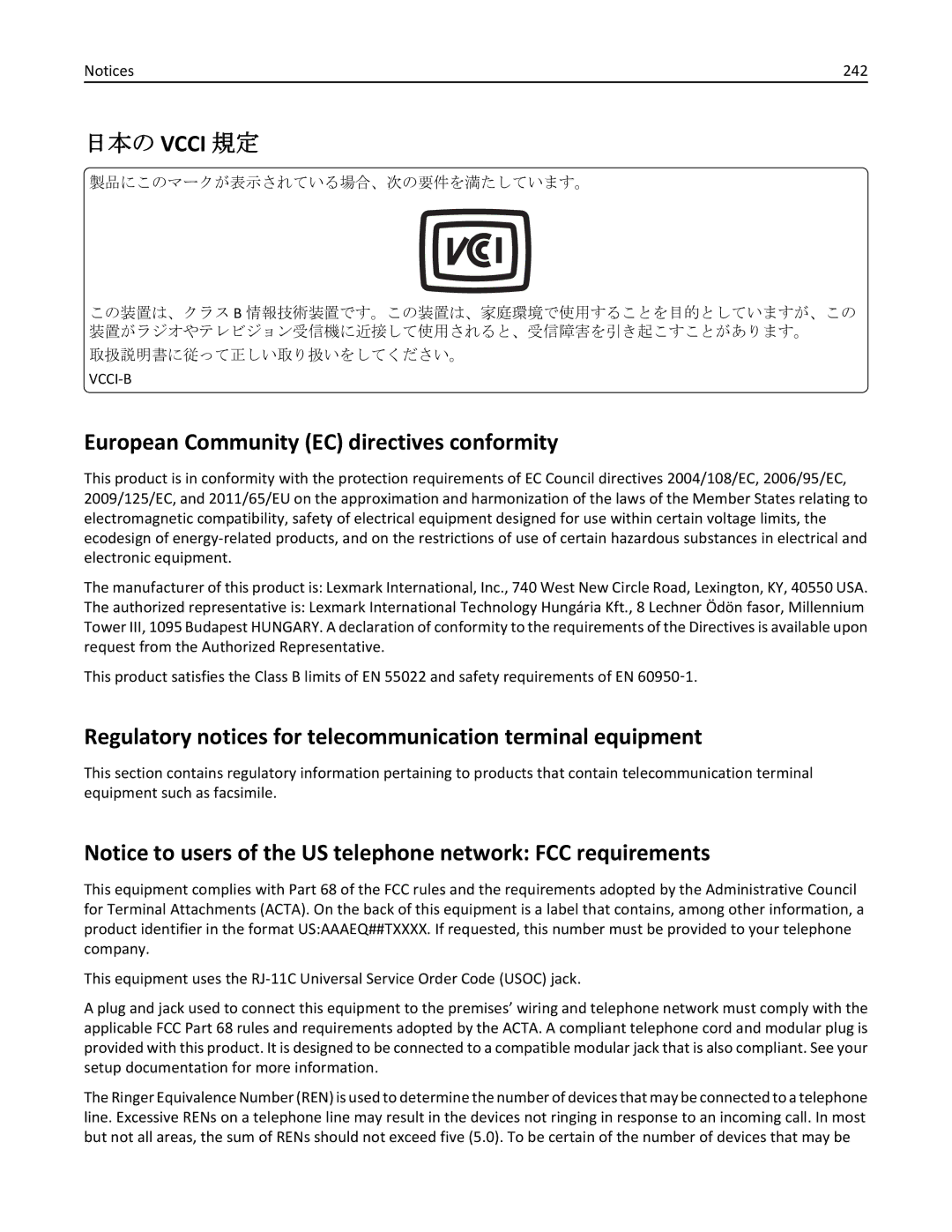 Lexmark 279 European Community EC directives conformity, Regulatory notices for telecommunication terminal equipment, 242 