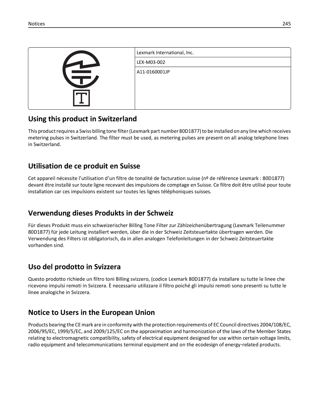 Lexmark 279 Using this product in Switzerland, Utilisation de ce produit en Suisse, Uso del prodotto in Svizzera, 245 