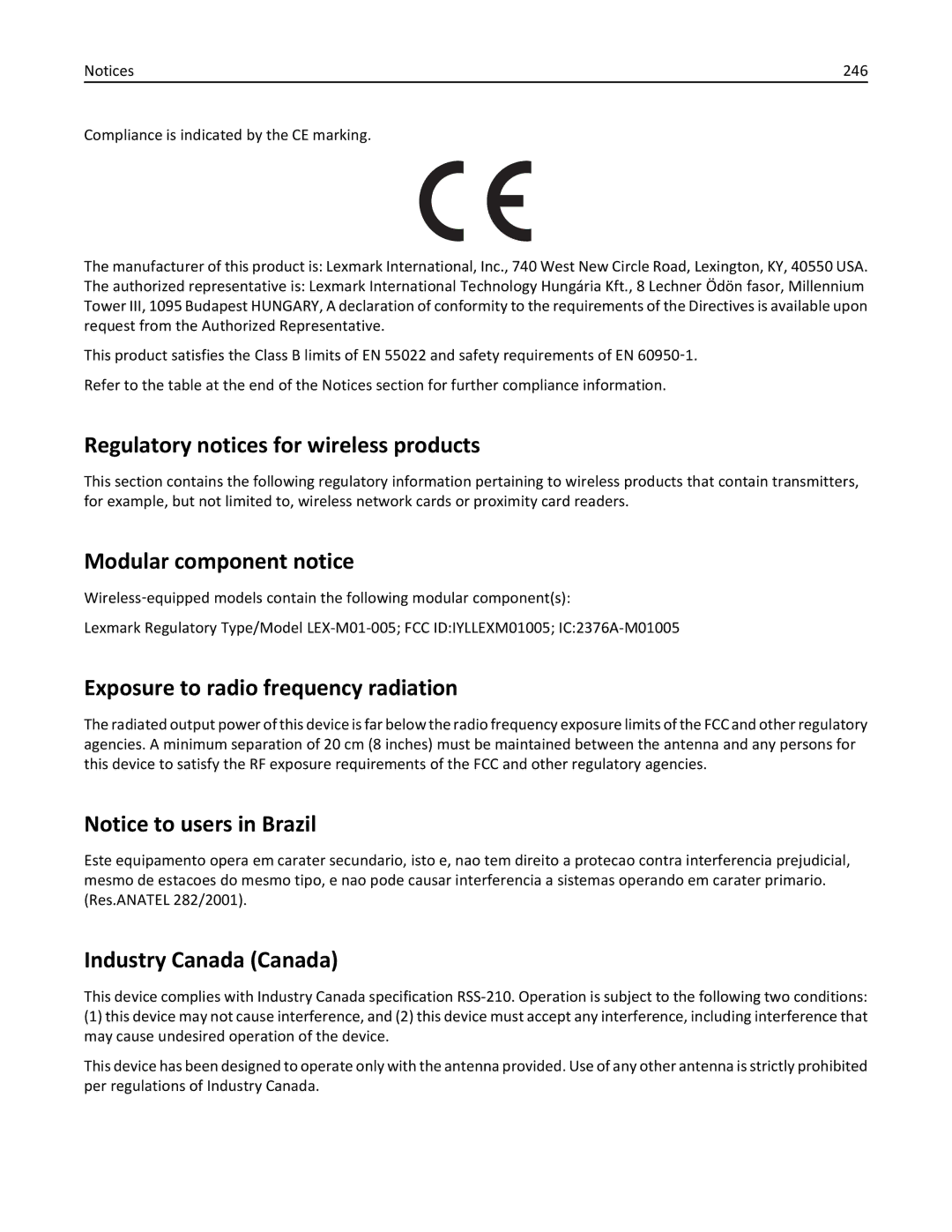 Lexmark 279 Regulatory notices for wireless products, Modular component notice, Exposure to radio frequency radiation, 246 