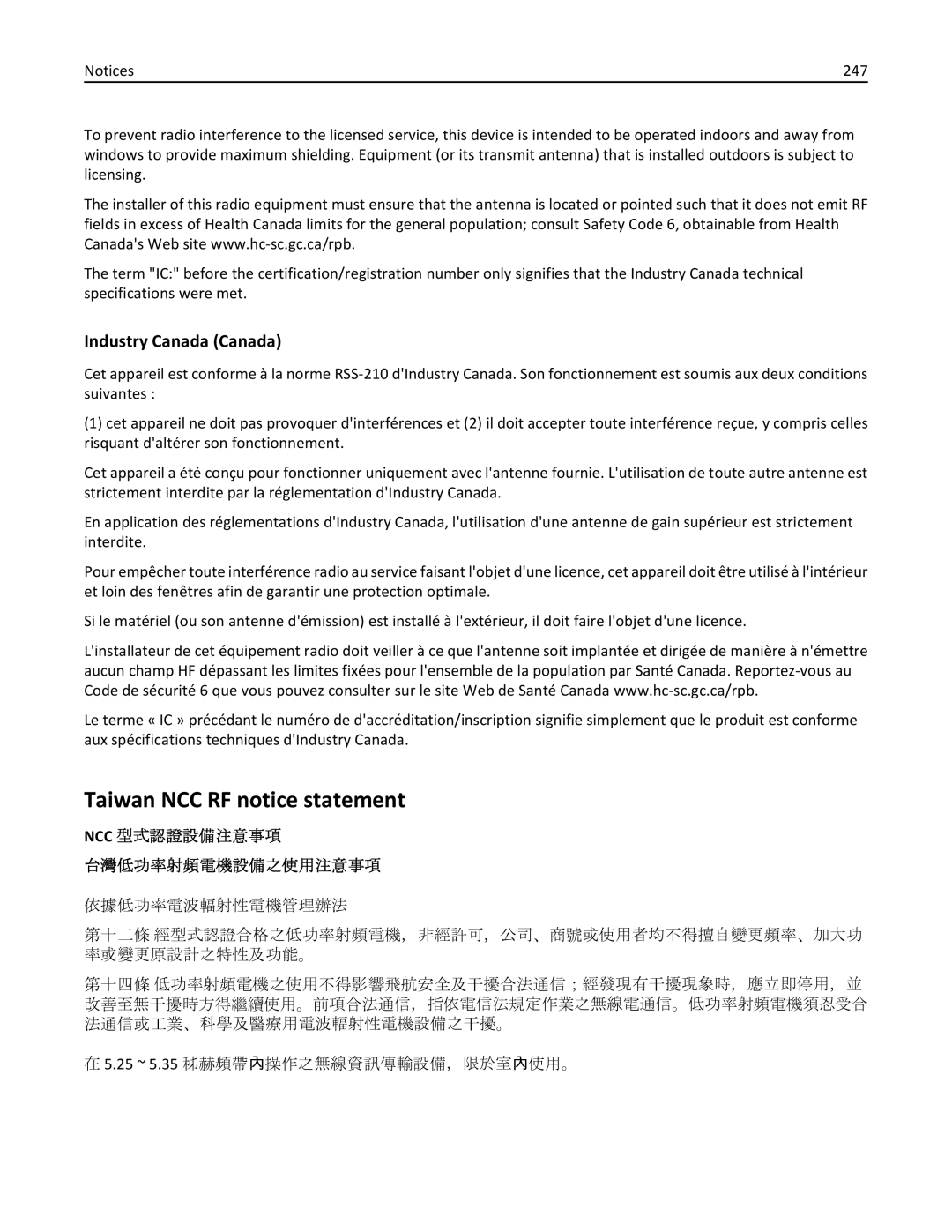 Lexmark 279 manual Taiwan NCC RF notice statement, Industry Canada Canada, 247 