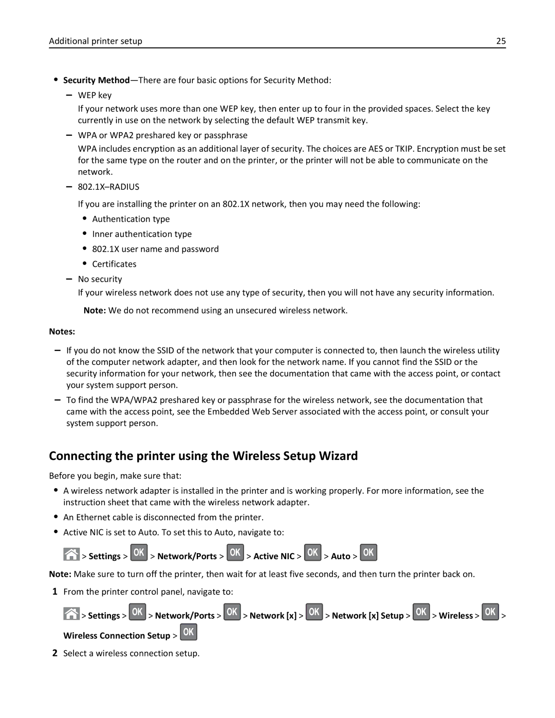 Lexmark 279 manual Connecting the printer using the Wireless Setup Wizard, Settings Network/Ports Active NIC Auto 