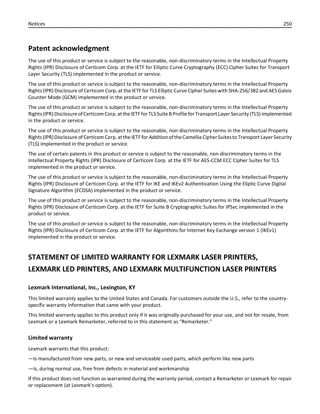 Lexmark 279 manual Patent acknowledgment, Lexmark International, Inc., Lexington, KY, Limited warranty, 250 