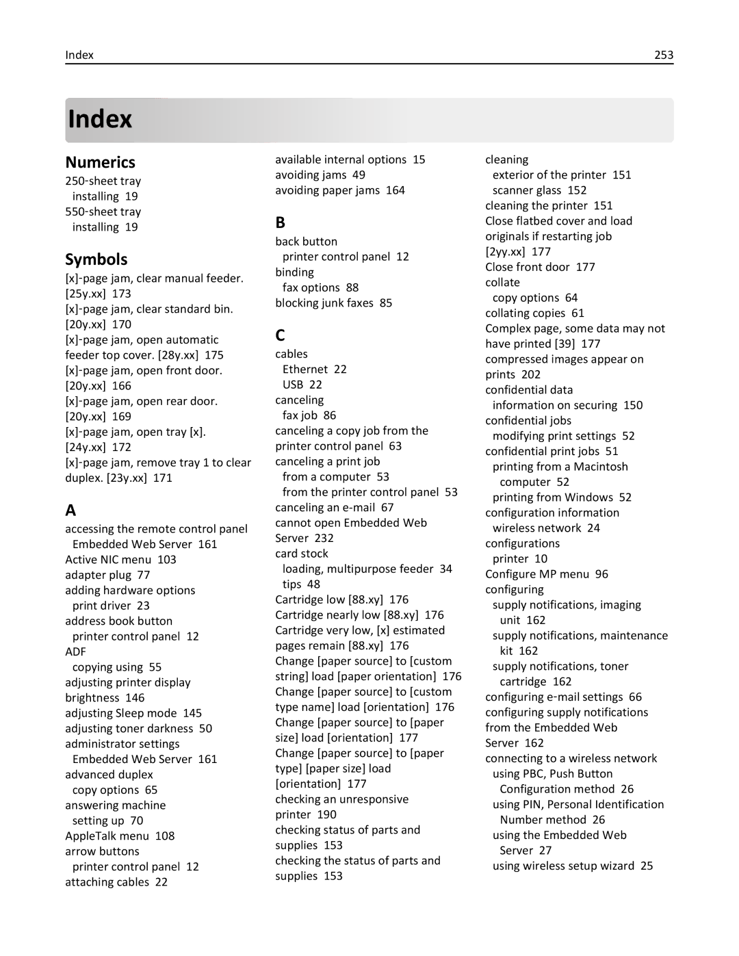 Lexmark 279 manual Numerics, Symbols, Index 253, 250‑sheet tray installing 19 550‑sheet tray installing 