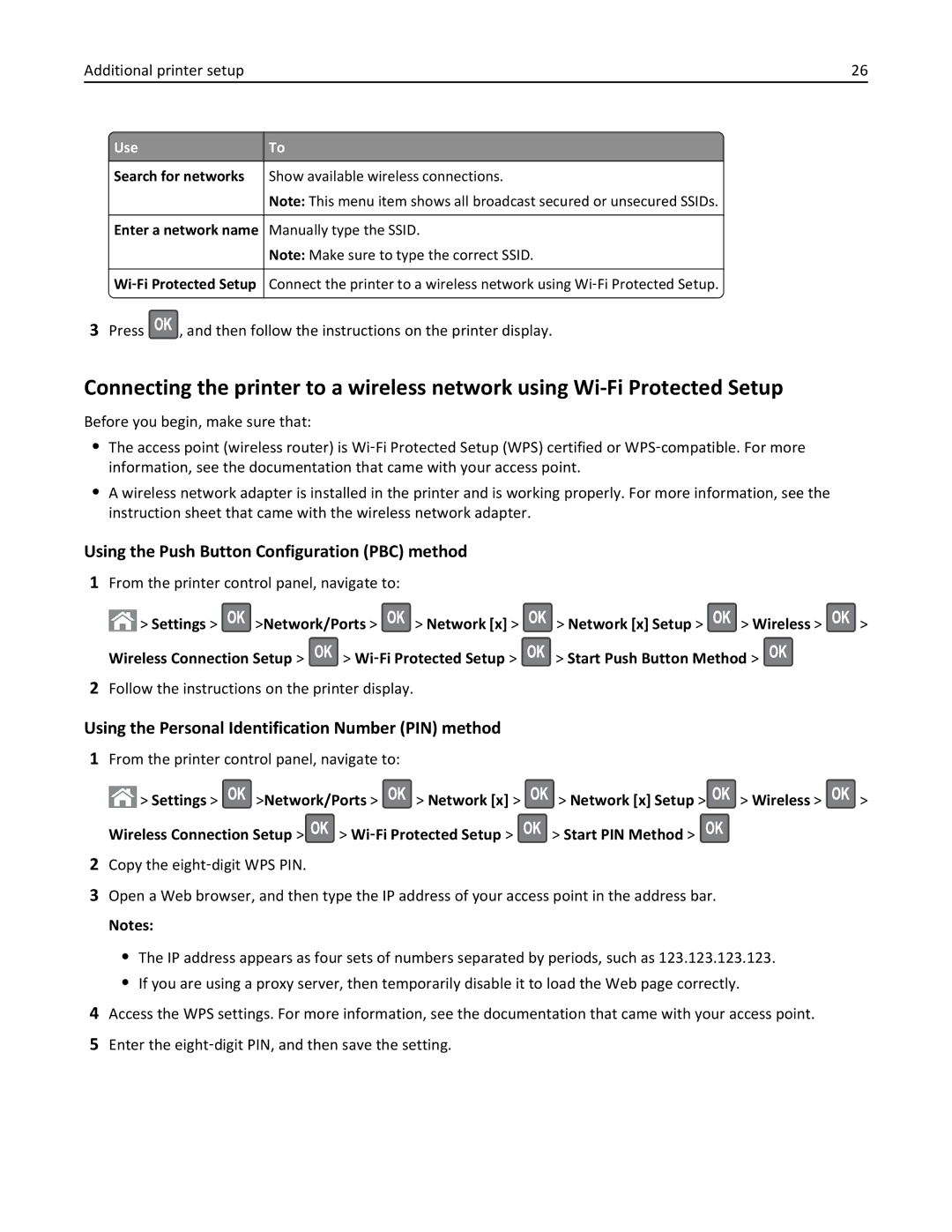 Lexmark 279 manual Using the Push Button Configuration PBC method, Using the Personal Identification Number PIN method 