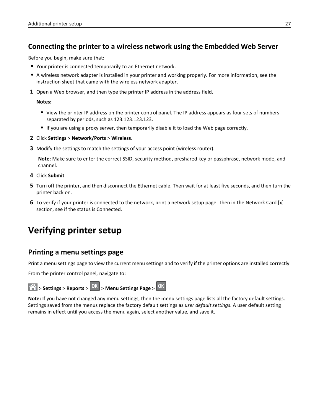 Lexmark 279 manual Click Settings Network/Ports Wireless, Settings Reports Menu Settings 