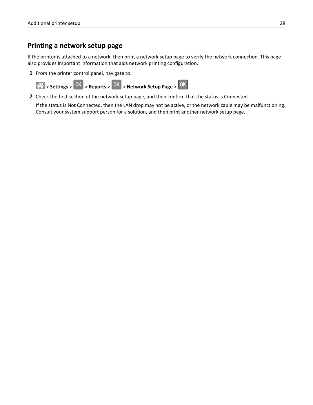 Lexmark 279 manual Printing a network setup, Settings Reports Network Setup 