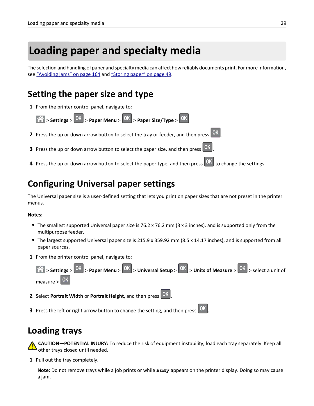 Lexmark 279 manual Loading paper and specialty media, Setting the paper size and type, Configuring Universal paper settings 