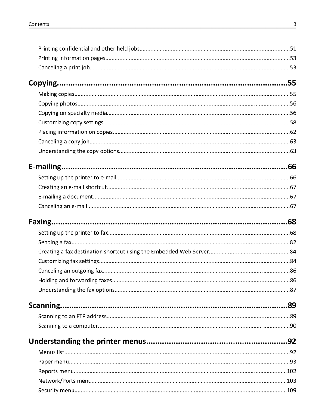 Lexmark 279 manual Copying, Mailing, Faxing, Scanning, Understanding the printer menus 