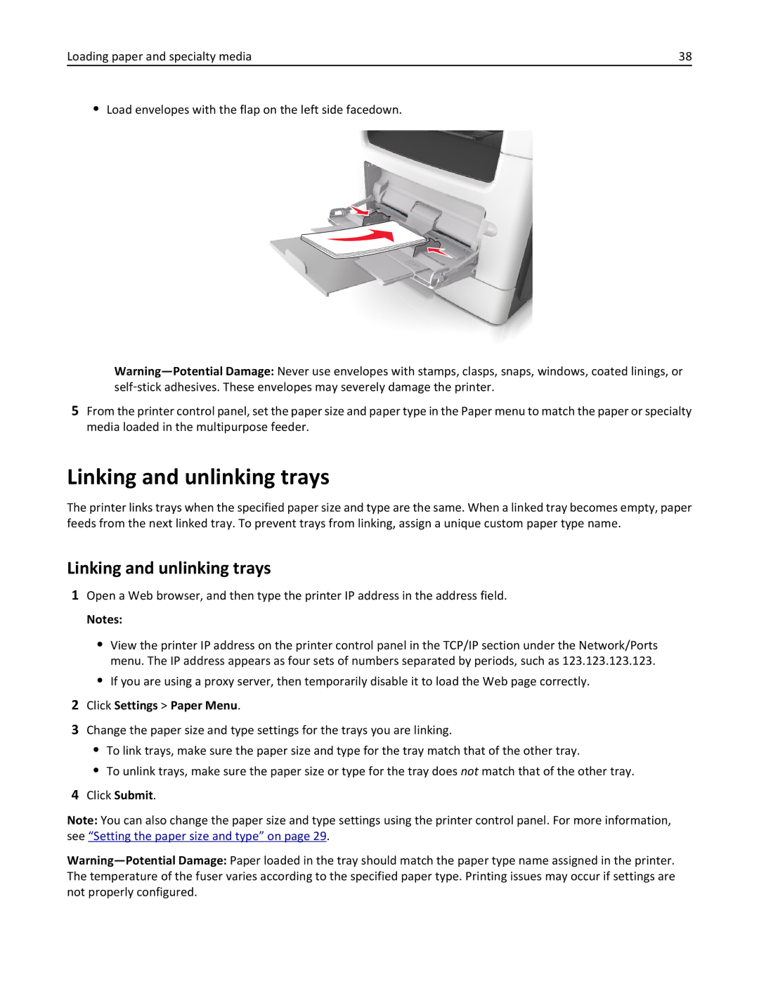 Lexmark 279 manual Linking and unlinking trays, Click Settings Paper Menu 