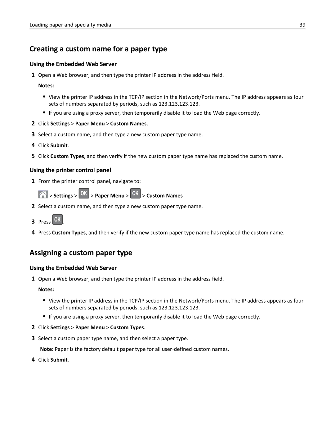 Lexmark 279 manual Creating a custom name for a paper type, Assigning a custom paper type, Using the Embedded Web Server 