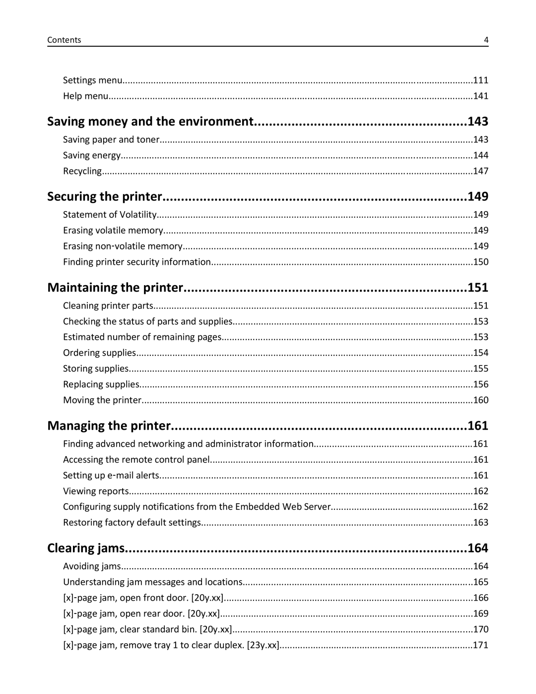 Lexmark 279 Saving money and the environment 143, Securing the printer 149, Maintaining the printer 151, Clearing jams 164 