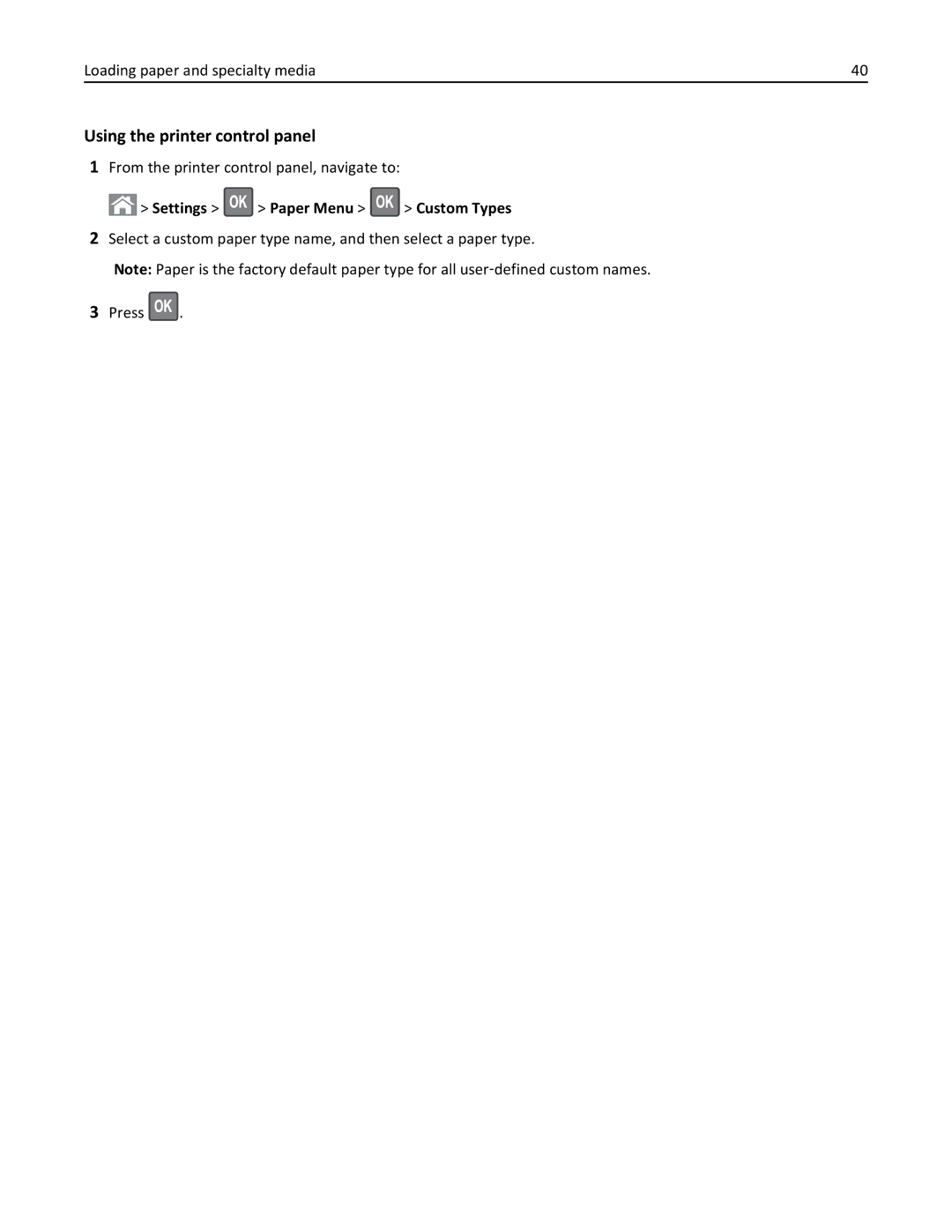 Lexmark 279 manual Settings Paper Menu Custom Types 