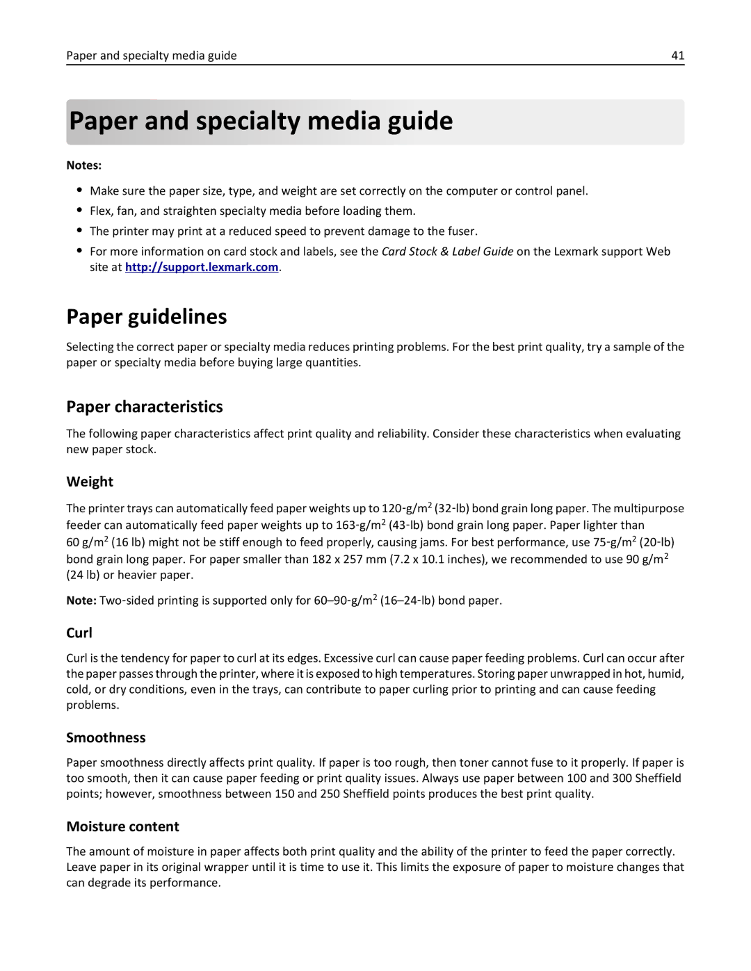 Lexmark 279 manual Paper and specialty media guide, Paper guidelines, Paper characteristics 