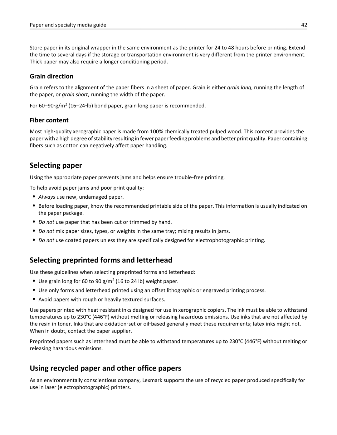 Lexmark 279 manual Selecting paper, Selecting preprinted forms and letterhead, Using recycled paper and other office papers 