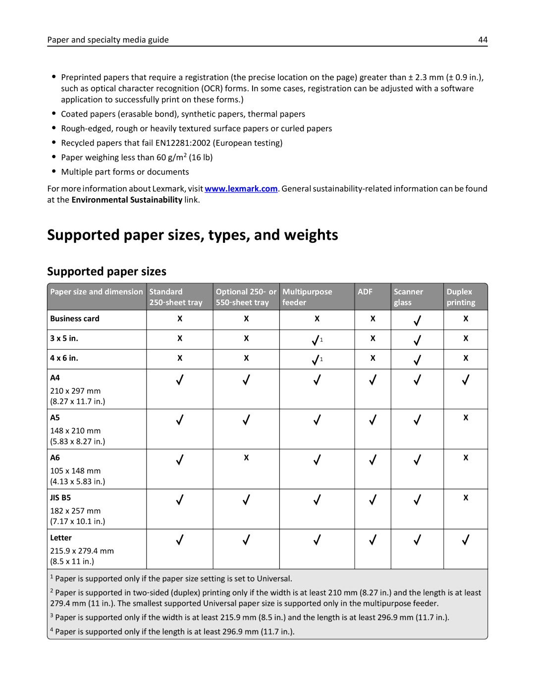 Lexmark manual Supported paper sizes, types, and weights, 182 x 257 mm 17 x 10.1 Letter 215.9 x 279.4 mm X 11 