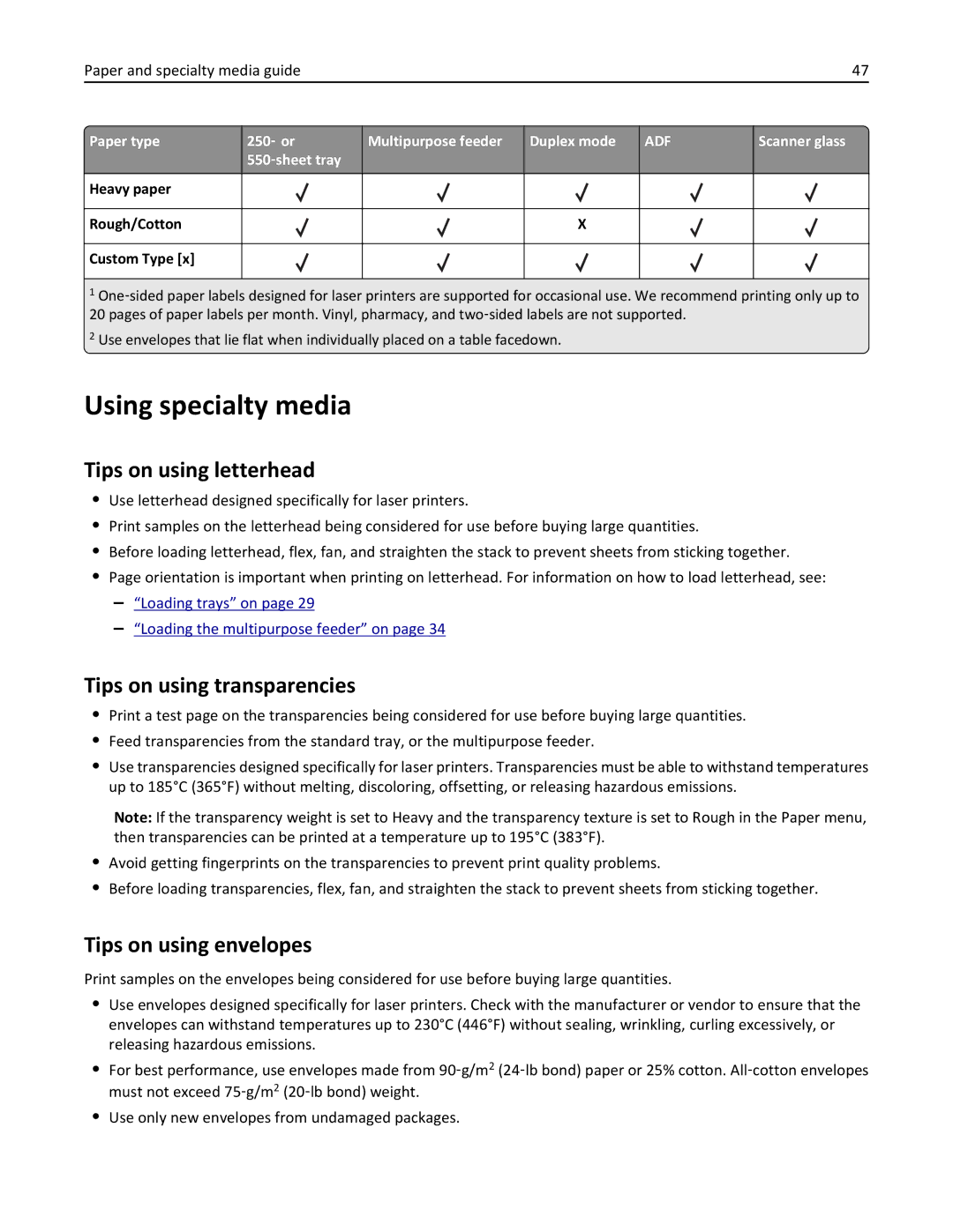 Lexmark 279 manual Using specialty media, Tips on using letterhead, Tips on using transparencies, Tips on using envelopes 