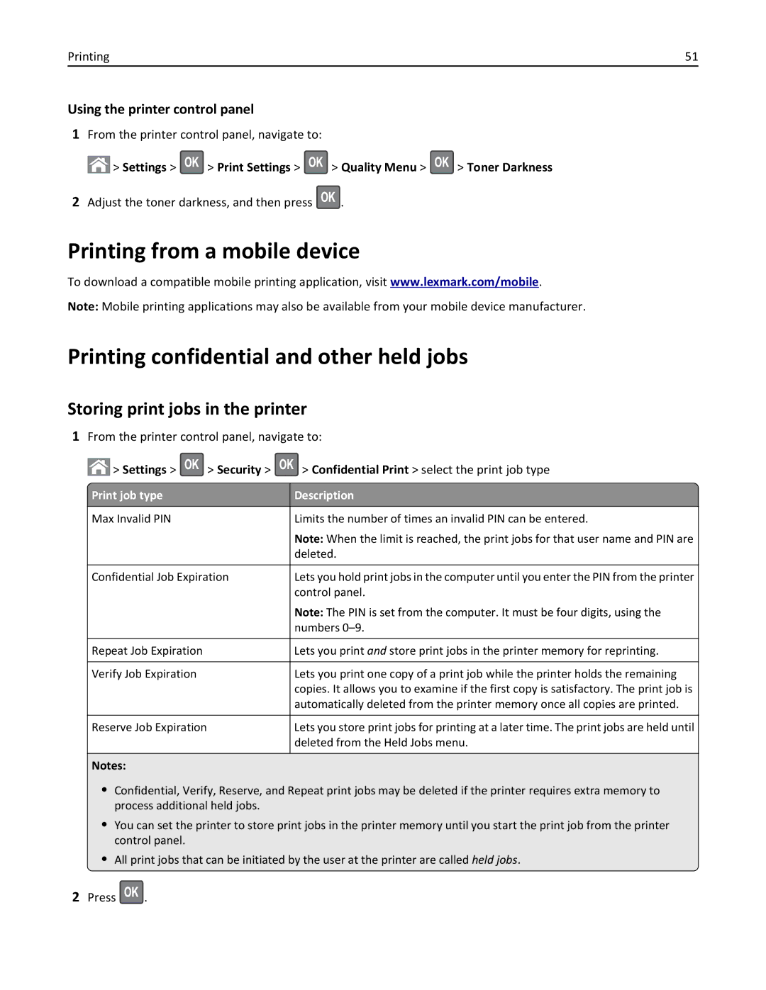 Lexmark 279 Storing print jobs in the printer, Settings Print Settings Quality Menu Toner Darkness, Settings Security 