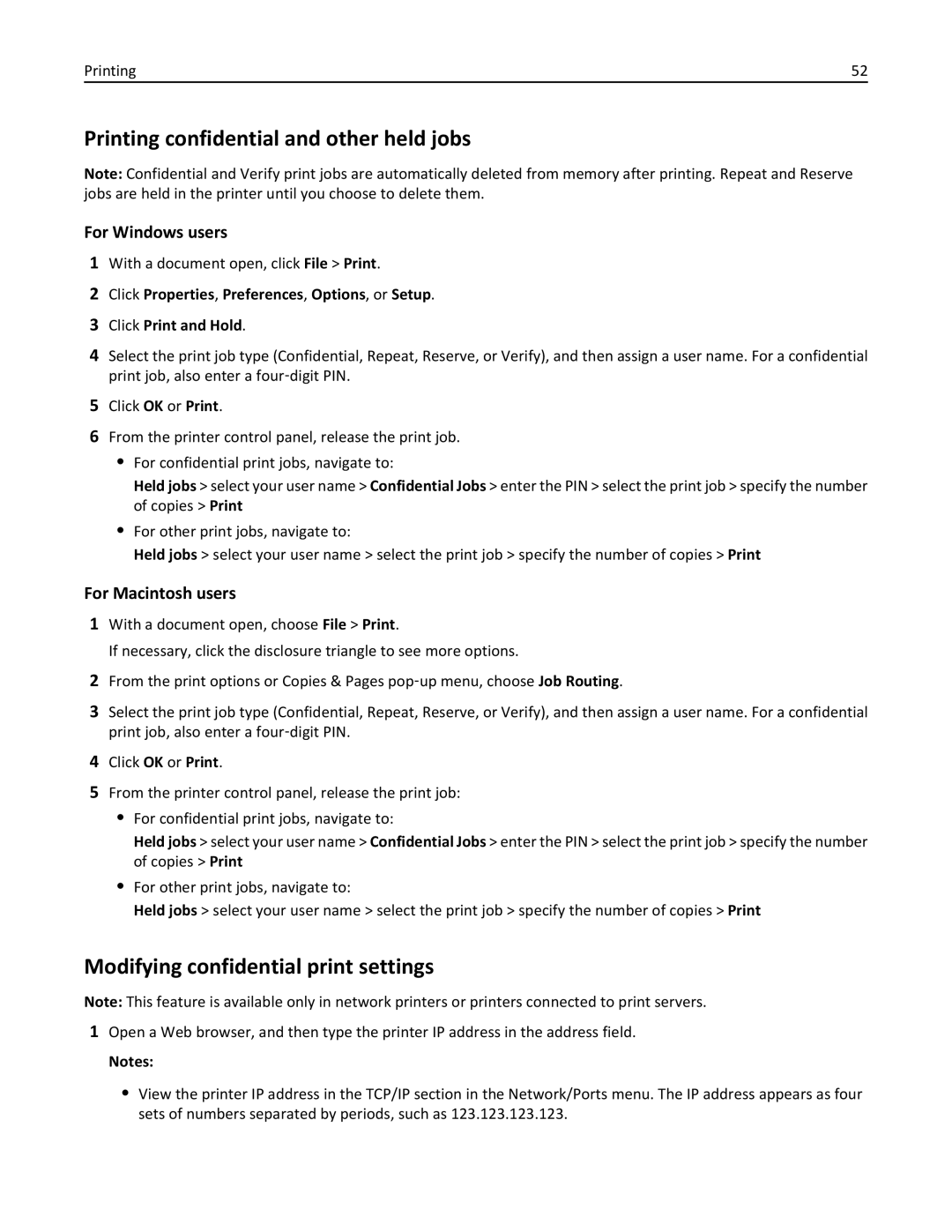 Lexmark 279 manual Printing confidential and other held jobs, Modifying confidential print settings 