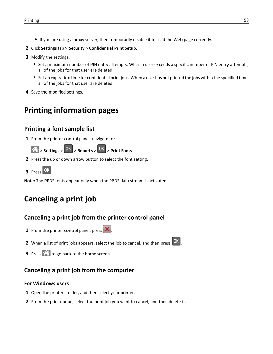 Lexmark 279 manual Printing information pages, Canceling a print job, Printing a font sample list 