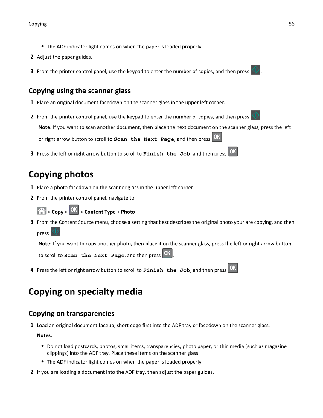 Lexmark 279 manual Copying photos, Copying on specialty media, Copying using the scanner glass, Copying on transparencies 