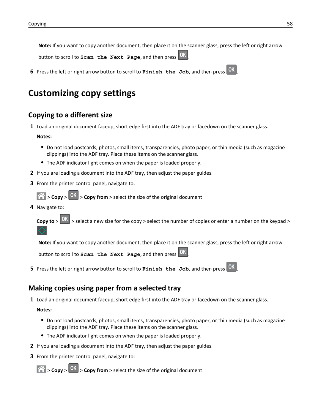 Lexmark 279 manual Customizing copy settings, Copying to a different size, Making copies using paper from a selected tray 