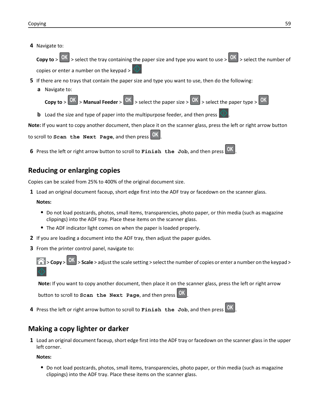 Lexmark 279 manual Reducing or enlarging copies, Making a copy lighter or darker 